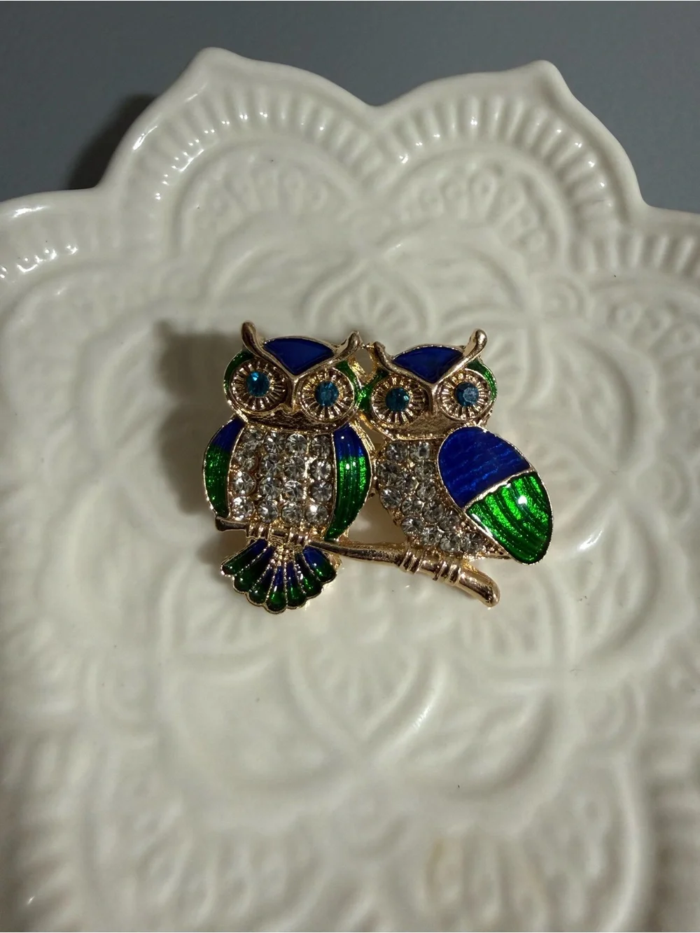 gold-tone owl couple brooch vibrant green blue enamel paired crystal rhinestones
